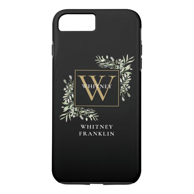 Elegante Schwarz Monogram Greenery Personalisiert Case-Mate iPhone Hülle (Rückseite)