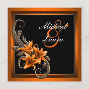 Elegante Schwarz-Orange-Asiatische Lily-Hochzeit Einladung