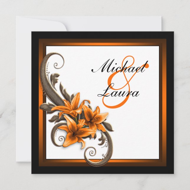 Elegante Schwarz-Orange-Asiatische Lily-Hochzeit Einladung (Vorderseite)