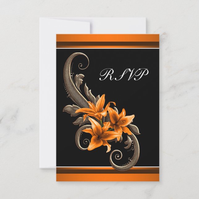 Elegante Schwarz-Orange-Asiatische Lily-Hochzeit RSVP Karte (Vorderseite)