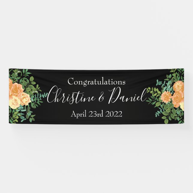 Elegante Schwarz-Peach-Rose Hochzeit Banner (Horizontal)