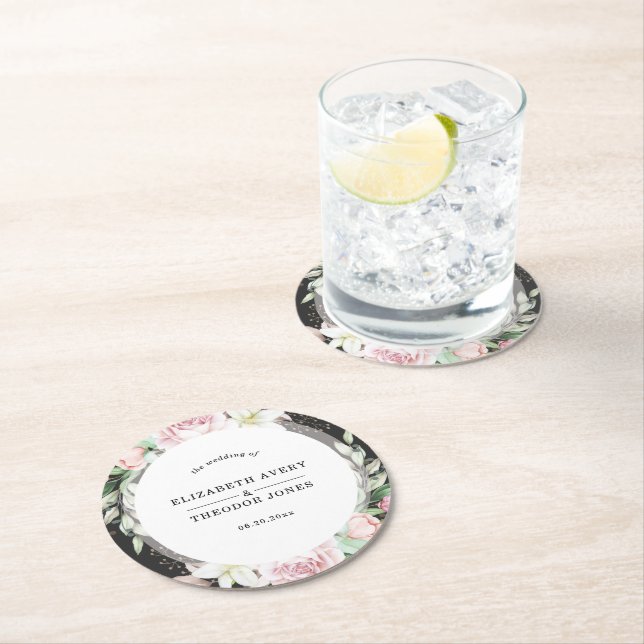 Elegante Schwarz-Rosa-Blütenhochzeit Runder Pappuntersetzer (Vor Ort)