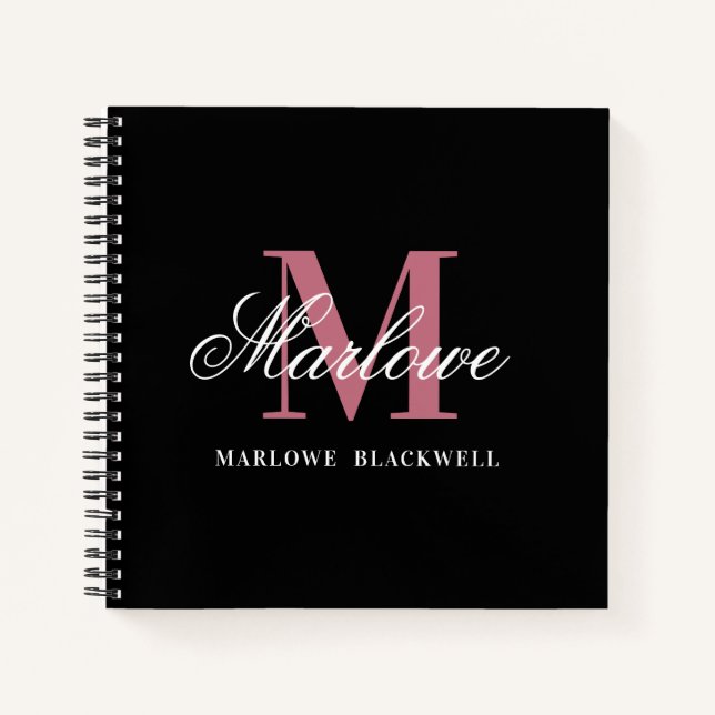 Elegante Schwarz-Rosa-Monogramm-Kalligraphie Notizbuch (Vorderseite)
