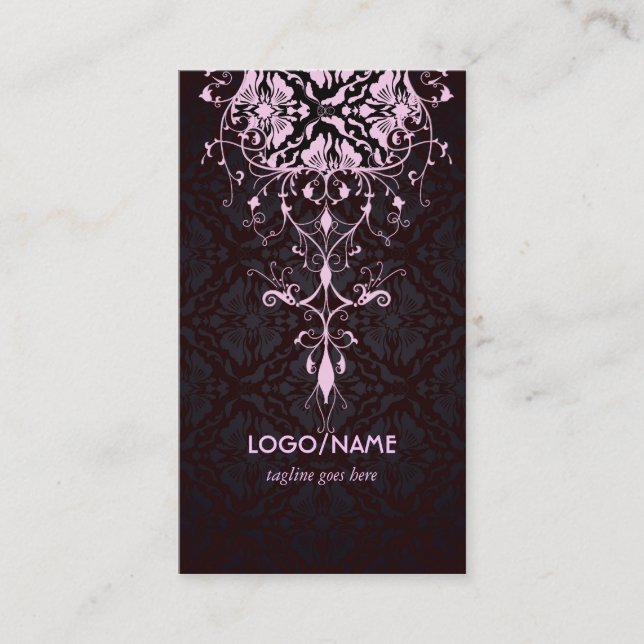 Elegante Schwarz/Rosa Vintage BlumenDamasken Visitenkarte (Vorderseite)