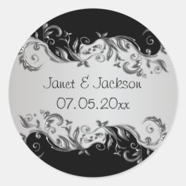 Elegante Schwarz-Silber-Blütenhochzeit Runder Aufkleber