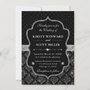 Elegante Schwarz & Silber Glitter Art Deco Hochzei Einladung