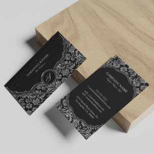 Elegante Schwarz-Silber-Vintage Damasken Visitenkarte