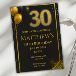 Elegante Schwarz und Gold 30. Geburtstag Einladung