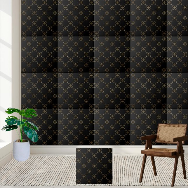 Elegante Schwarz und Gold Class Cafè Lugano Fliese (Elegant Black and Gold Art Deco Floral Tile)