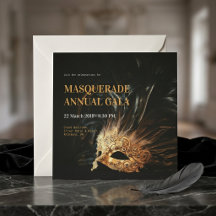 Elegante Schwarz und Gold Masquerade Gala Einladun