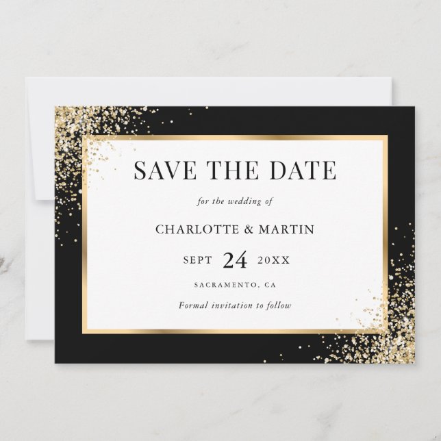 Elegante Schwarz und Gold Rahmen Confetti Wedding Save The Date (Vorderseite)