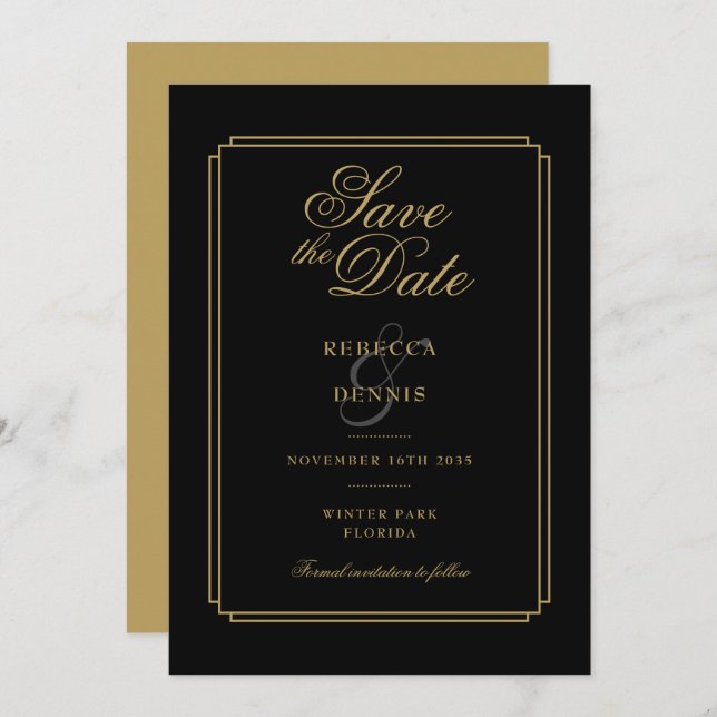 Elegante Schwarz und Gold Script Kunst, Dichtung u Save The Date (Vorne/Hinten)