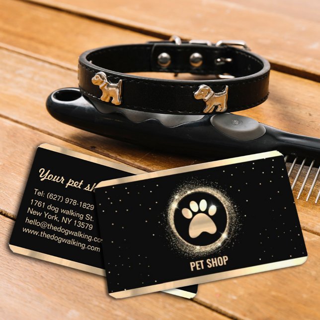 Elegante Schwarz und Gold Sparkle Pet Groomer Visitenkarte (Von Creator hochgeladen)