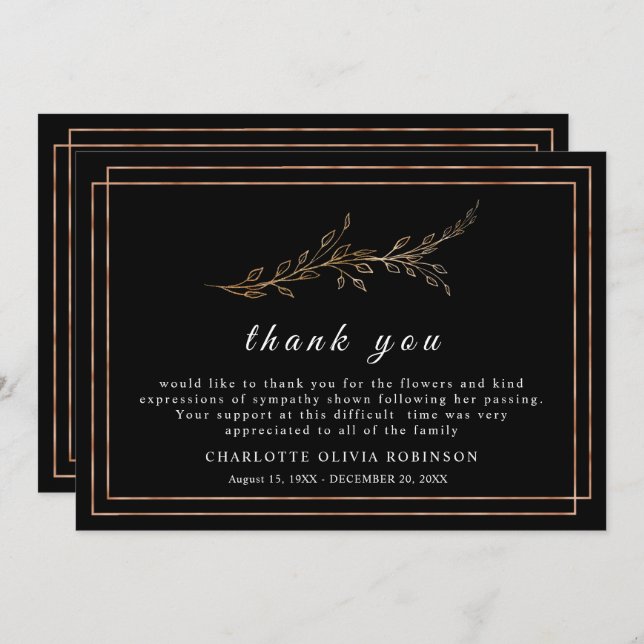 Elegante Schwarz und Golden Floral Dankeschön Kart Dankeskarte (Vorne/Hinten)