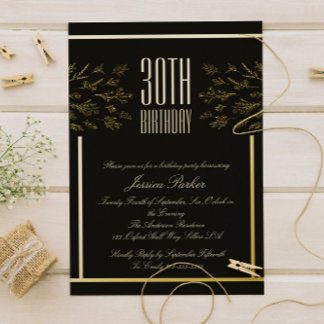 Elegante Schwarz und Golden Floral Minimal Einladu Folieneinladung