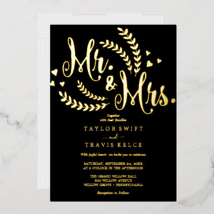 Elegante Schwarz- und Goldfolie-Hochzeit Mr. & Mrs Folieneinladung