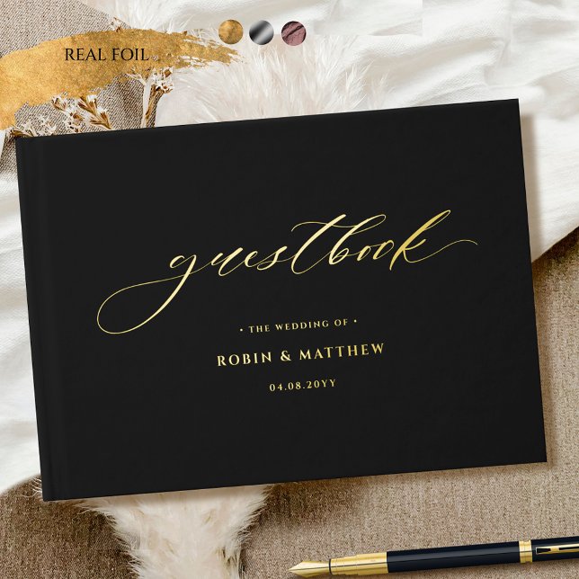Elegante Schwarz und Real Foil Calligrafy Wedding Gästebuch (Von Creator hochgeladen)
