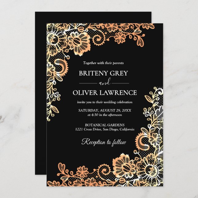 Elegante Schwarz und Rose Gold Blumenstrauß Hochze Einladung (Vorne/Hinten)