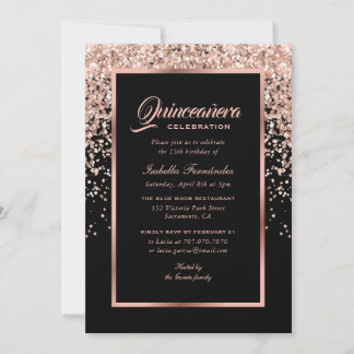 Elegante Schwarz und Rose Gold Confetti Quinceañer Einladung