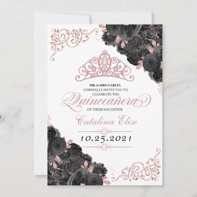 Elegante Schwarz und Rose Gold Floral Quinceanera Einladung (Vorderseite)