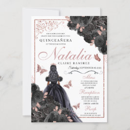 Elegante Schwarz und Rose Gold Floral Quinceanera Einladung