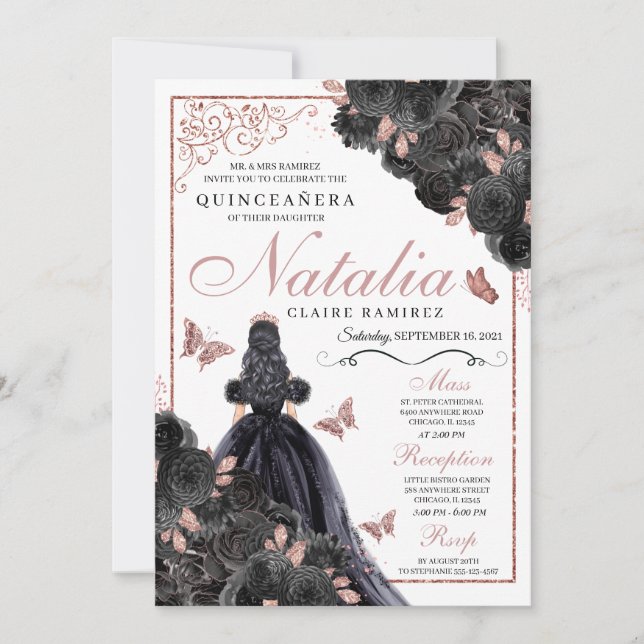 Elegante Schwarz und Rose Gold Floral Quinceanera Einladung (Vorderseite)