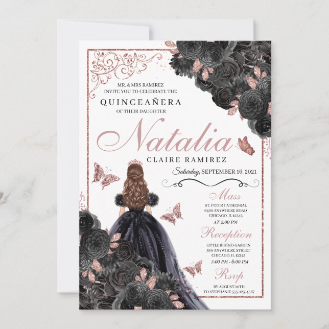 Elegante Schwarz und Rose Gold Floral Quinceanera  Einladung (Vorderseite)