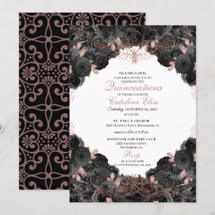 Elegante Schwarz und Rose Gold Floral Quinceanera Einladung