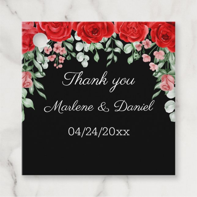 Elegante Schwarz und Rot FLoralhochzeit Geschenkanhänger (Vorderseite)