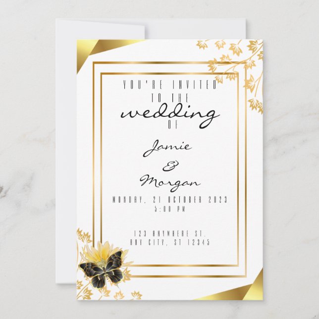 Elegante Schwarz und Shiny Butterfly White Wedding Einladung (Vorderseite)
