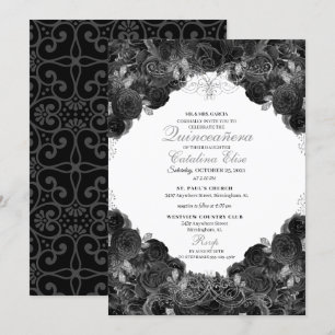 Elegante Schwarz und Silver Floral Quinceanera Einladung