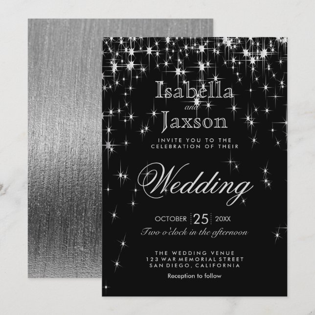 Elegante Schwarz und Silver Starlights Hochzeit Einladung (Vorne/Hinten)