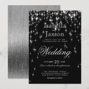Elegante Schwarz und Silver Starlights Hochzeit Einladung