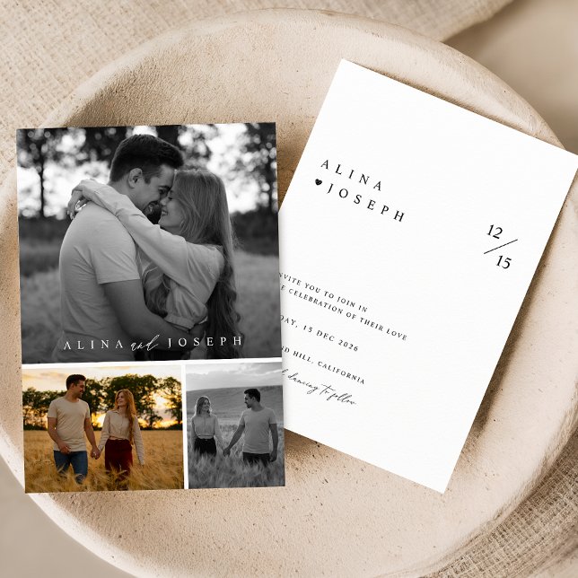 Elegante Schwarz-Weiß-3-Fotocollage Einladung (Von Creator hochgeladen)