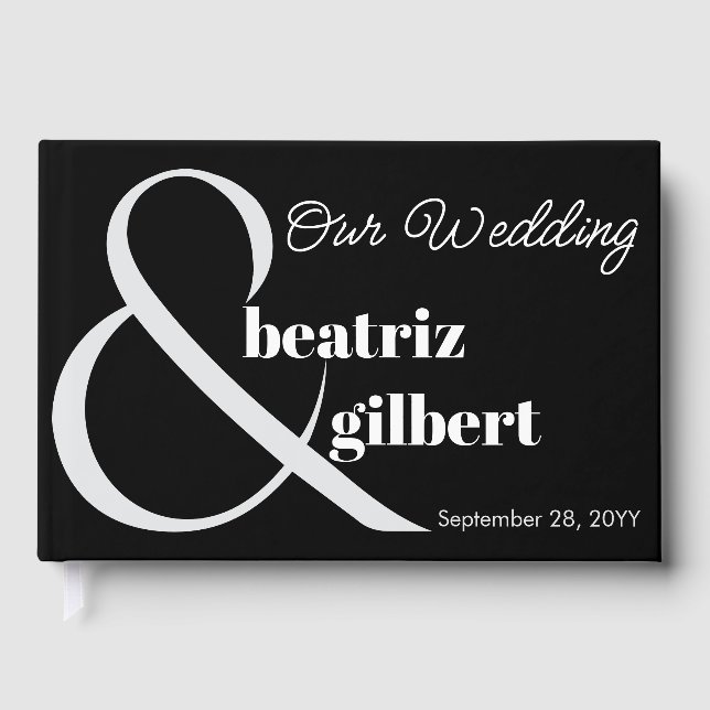 Elegante Schwarz-Weiß-Ampersand-Hochzeit Gästebuch (Vorderseite)