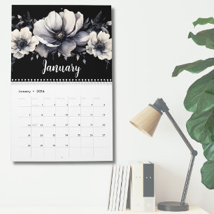 Elegante Schwarz Weiß Aquarell Blumenmuster Kalender