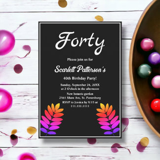 Elegante Schwarz-Weiß-Blätter 40. Geburtstag Einladung