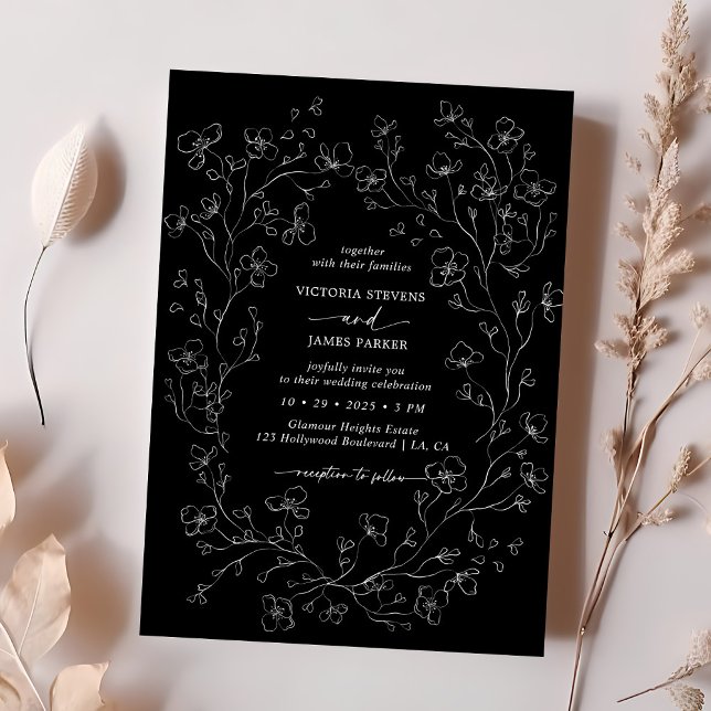 Elegante Schwarz-Weiß-Blossom-Blume Hochzeit Einladung (Von Creator hochgeladen)