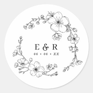 Elegante Schwarz-Weiß-Blossom-Monogramm-Hochzeit Runder Aufkleber