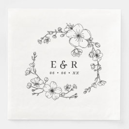 Elegante Schwarz-Weiß-Blossom-Monogramm-Hochzeit Serviette