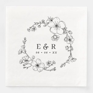 Elegante Schwarz-Weiß-Blossom-Monogramm-Hochzeit Serviette