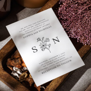 Elegante Schwarz-Weiß-Blumen-Hochzeit   Minimalist Einladung