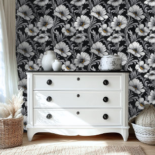 Elegante Schwarz-Weiß-Blumen-Monochrom-Daisy Tapete