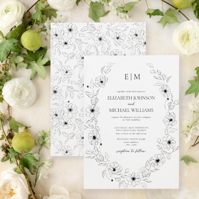 Elegante Schwarz-Weiß-Blumen-Monogramm-Hochzeit Einladung (Easily personalize this floral wedding invite with your unique details for an elegant wedding)