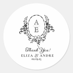 Elegante Schwarz-Weiß-Blumen-Monogramm-Hochzeit Runder Aufkleber