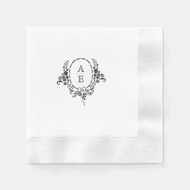 Elegante Schwarz-Weiß-Blumen-Monogramm-Hochzeit Serviette (Vorderseite)