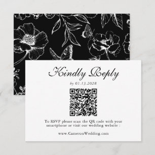 Elegante Schwarz-Weiß-Blumen-QR-Code-Hochzeits-RSV RSVP Karte