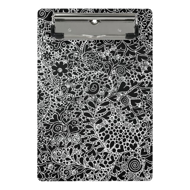 Elegante Schwarz-Weiß-Blumen-Spitzenkunst  Mini Klemmbrett (Vorderseite)