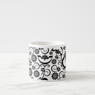 Elegante Schwarz-Weiß-Blumen-Vintage-Rollenwerk Espressotasse