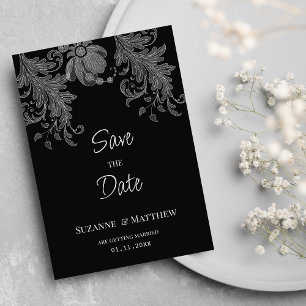Elegante Schwarz-Weiß-Blumenspitze Save the Date Einladung